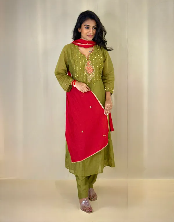 Olive_Green_Embellished_Kurta_Set_With_Red_Dupatta