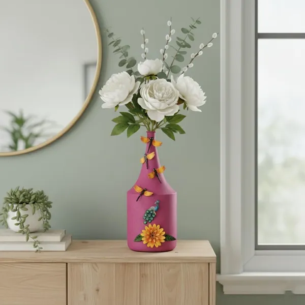 Arts_Impex_Pink_Bottle_Shaped_Metal_Flower_Vases_Handcrafted_Vases_With_Floral_Butterfly_Design_Powder_Coated