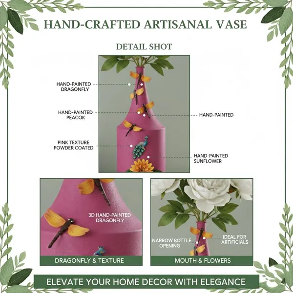 Arts_Impex_Pink_Bottle_Shaped_Metal_Flower_Vases_Handcrafted_Vases_With_Floral_Butterfly_Design_Powder_Coated