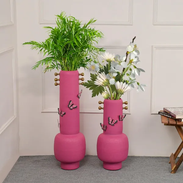 Set_Of_2_Metal_Flower_Vases_Matte_Powder_Coated_With_Floral_Motifs_Handcrafted_Table_Floor_Vases