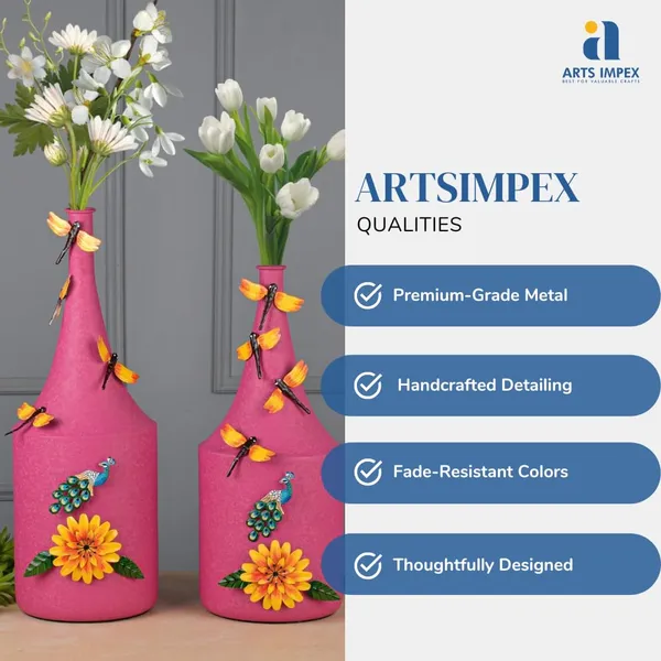 Set_Of_2_Bottle_Shaped_Metal_Flower_Vases_Handcrafted_Powder_Coated_With_Butterfly_Floral_Embellishments_Pink