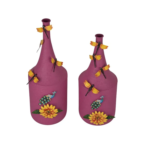 Set_Of_2_Bottle_Shaped_Metal_Flower_Vases_Handcrafted_Powder_Coated_With_Butterfly_Floral_Embellishments_Pink