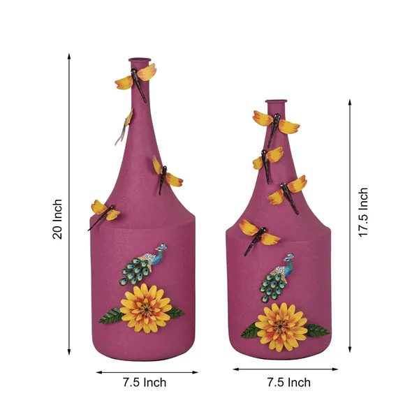 Set_Of_2_Bottle_Shaped_Metal_Flower_Vases_Handcrafted_Powder_Coated_With_Butterfly_Floral_Embellishments_Pink