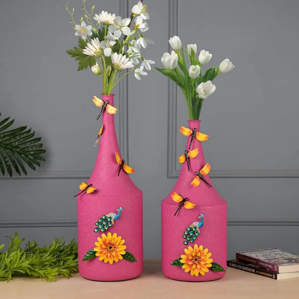 Set_Of_2_Bottle_Shaped_Metal_Flower_Vases_Handcrafted_Powder_Coated_With_Butterfly_Floral_Embellishments_Pink