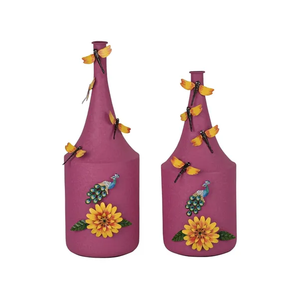 Set_Of_2_Bottle_Shaped_Metal_Flower_Vases_Handcrafted_Powder_Coated_With_Butterfly_Floral_Embellishments_Pink