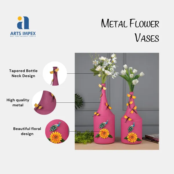 Set_Of_2_Bottle_Shaped_Metal_Flower_Vases_Handcrafted_Powder_Coated_With_Butterfly_Floral_Embellishments_Pink