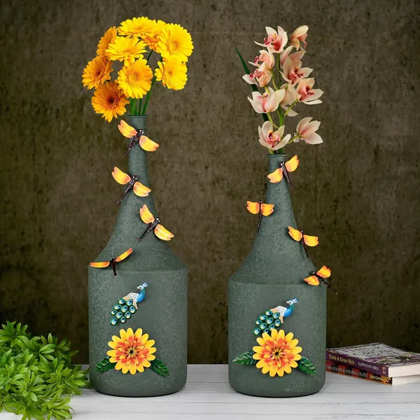 Arts_Impex_Set_Of_2_Green_Bottle_Shaped_Metal_Flower_Vases_Handcrafted_Vases_With_Floral_Butterfly_Design_Powder_Coated