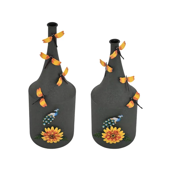 Arts_Impex_Set_Of_2_Green_Bottle_Shaped_Metal_Flower_Vases_Handcrafted_Vases_With_Floral_Butterfly_Design_Powder_Coated