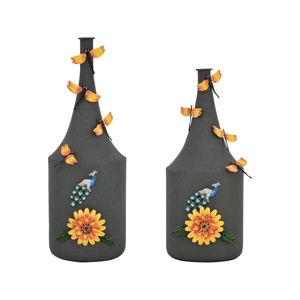 Arts_Impex_Set_Of_2_Green_Bottle_Shaped_Metal_Flower_Vases_Handcrafted_Vases_With_Floral_Butterfly_Design_Powder_Coated