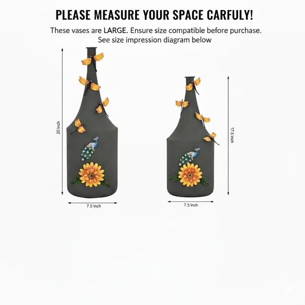 Arts_Impex_Set_Of_2_Green_Bottle_Shaped_Metal_Flower_Vases_Handcrafted_Vases_With_Floral_Butterfly_Design_Powder_Coated