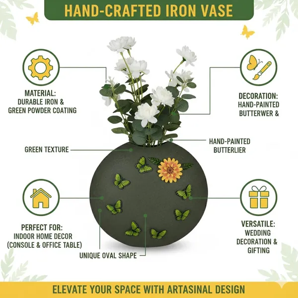 Arts_Impex_Handcrafted_Metal_Flower_Vase_Decorative_Tabletop_Pot_With_Sunflower_Butterfly_Design_Green_Matte_Finish