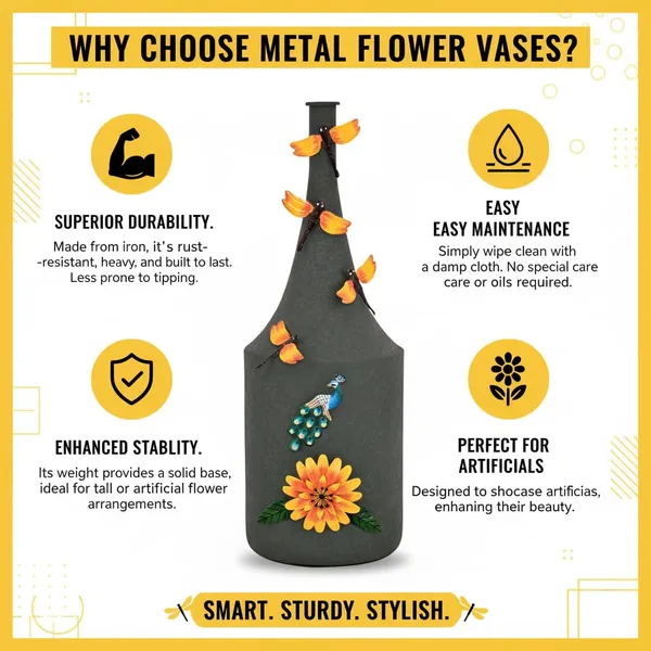 Arts_Impex_Green_Bottle_Shaped_Metal_Flower_Vases_Handcrafted_Vases_With_Floral_Butterfly_Design_Powder