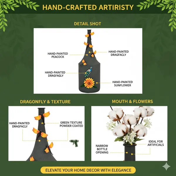 Arts_Impex_Green_Bottle_Shaped_Metal_Flower_Vases_Handcrafted_Vases_With_Floral_Butterfly_Design_Powder