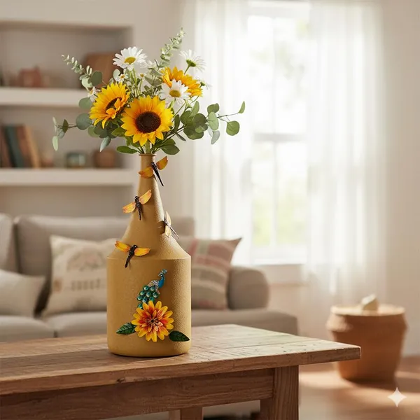 Arts_Impex_Yellow_Bottle_Shaped_Metal_Flower_Vases_Handcrafted_Vases_With_Floral_Butterfly_Design_Powder_Coated