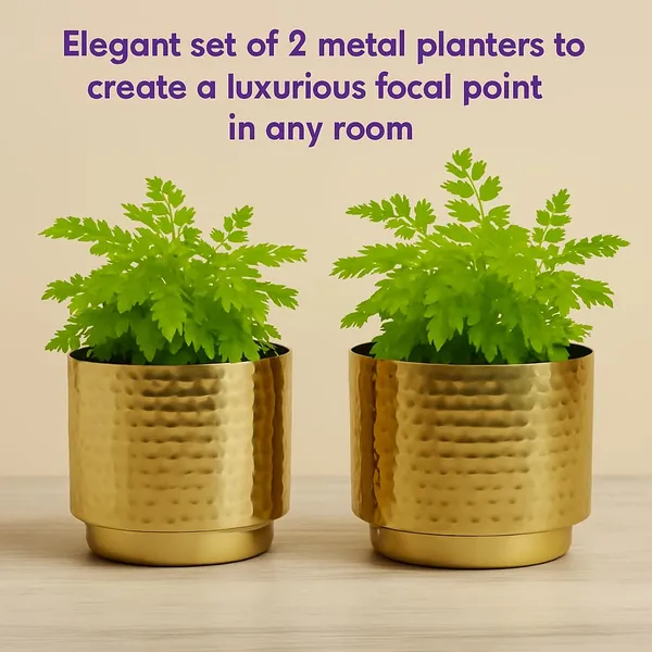 Set_Of_2_Gold_Plated_Hammered_Metal_Planters_Decorative_Flower_Pots_With_Stand_Indoor_Table_Shelf_Decor