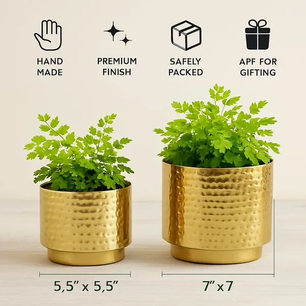 Set_Of_2_Gold_Plated_Hammered_Metal_Planters_Decorative_Flower_Pots_With_Stand_Indoor_Table_Shelf_Decor