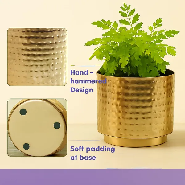 Set_Of_2_Gold_Plated_Hammered_Metal_Planters_Decorative_Flower_Pots_With_Stand_Indoor_Table_Shelf_Decor