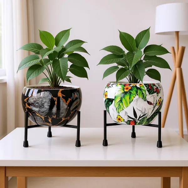 Set_Of_2_Metal_Decorative_Plant_Pots_With_Stands_Tropical_Multicolor_Marble_Floral_Sticker_Meena_Design_Indoor_Garden_Planters_For_Living_Room_Balcony_Office