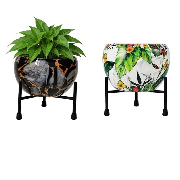 Set_Of_2_Metal_Decorative_Plant_Pots_With_Stands_Tropical_Multicolor_Marble_Floral_Sticker_Meena_Design_Indoor_Garden_Planters_For_Living_Room_Balcony_Office