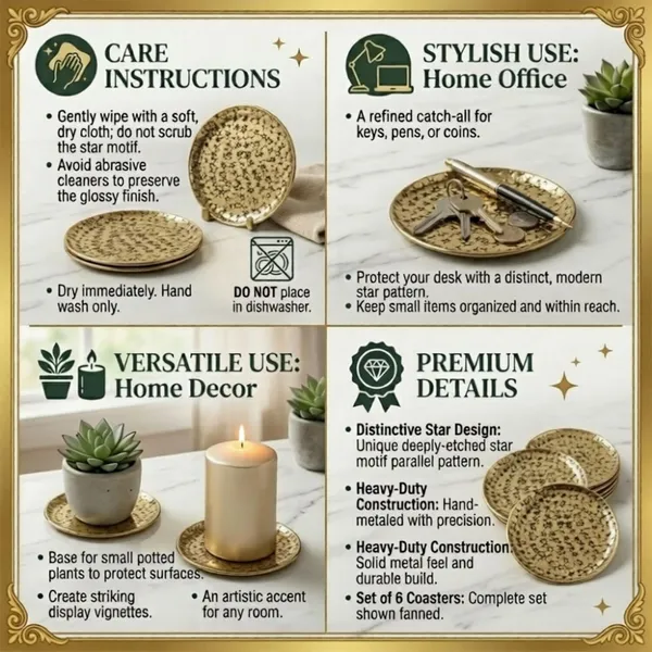 Elegant_Etched_Star_Gold_Coaster_Set_Premium_Aluminium_With_Gold_Plated_Finish_Hammered_Texture_Diameter_Set_Of_6