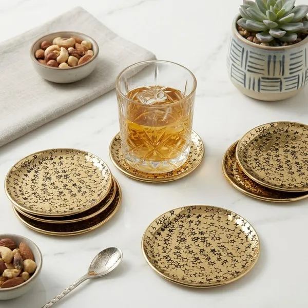 Elegant_Etched_Star_Gold_Coaster_Set_Premium_Aluminium_With_Gold_Plated_Finish_Hammered_Texture_Diameter_Set_Of_6