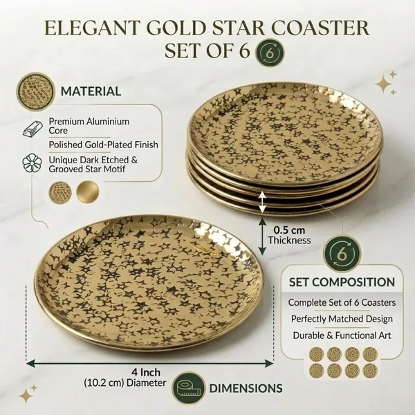 Elegant_Etched_Star_Gold_Coaster_Set_Premium_Aluminium_With_Gold_Plated_Finish_Hammered_Texture_Diameter_Set_Of_6