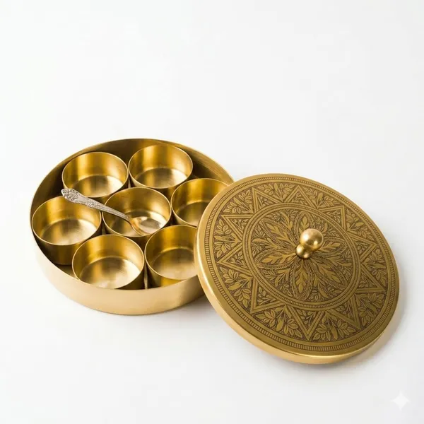 Brass_Masala_Box_With_Spoon_For_Kitchen_7_Removable_Spice_Katoris_Handcrafted_Etched_Lid_Antique_Brass_Finish_Airtight_Masala_Dabba_Masala_Dani_Namak