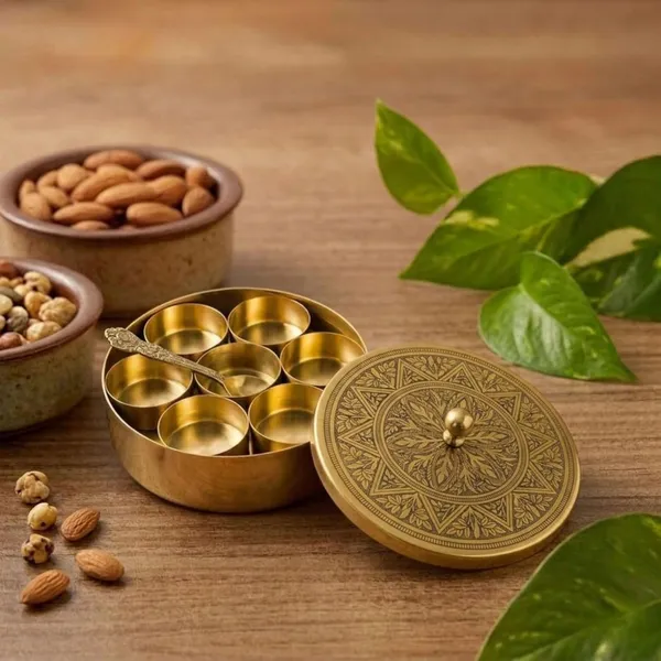 Brass_Masala_Box_With_Spoon_For_Kitchen_7_Removable_Spice_Katoris_Handcrafted_Etched_Lid_Antique_Brass_Finish_Airtight_Masala_Dabba_Masala_Dani_Namak
