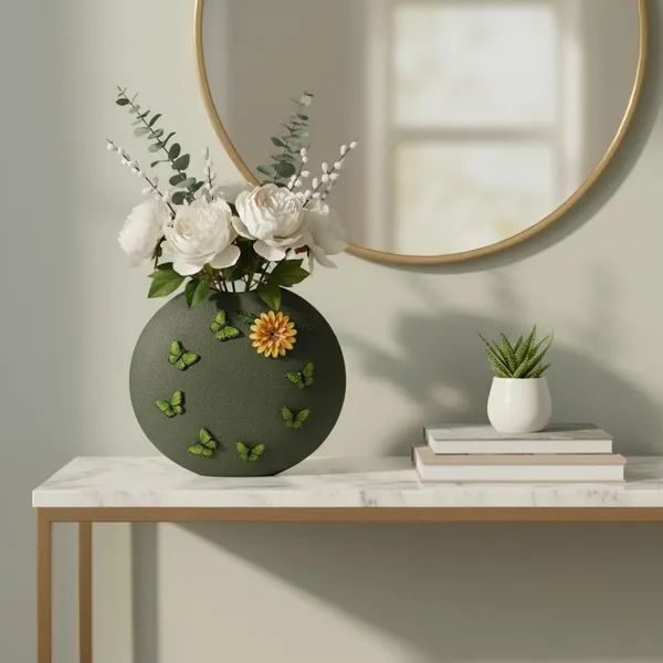 Arts_Impex_Handcrafted_Metal_Flower_Vase_Decorative_Tabletop_Pot_With_Sunflower_Butterfly_Design_Green_Matte_Finish