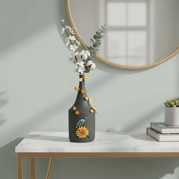 Arts_Impex_Green_Bottle_Shaped_Metal_Flower_Vases_Handcrafted_Vases_With_Floral_Butterfly_Design_Powder