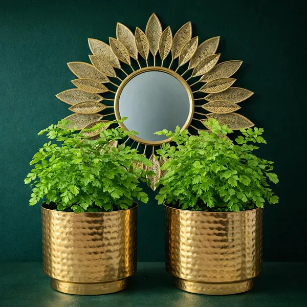 Set_Of_2_Gold_Plated_Hammered_Metal_Planters_Decorative_Flower_Pots_With_Stand_Indoor_Table_Shelf_Decor