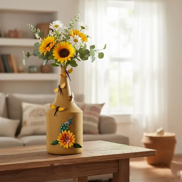 Arts_Impex_Yellow_Bottle_Shaped_Metal_Flower_Vases_Handcrafted_Vases_With_Floral_Butterfly_Design_Powder_Coated