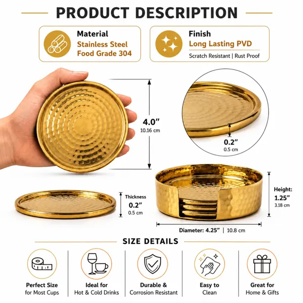 Premium_Hammered_Brass_Coasters_Shiny_Gold_Finish_Round_Height_Set_Of_4