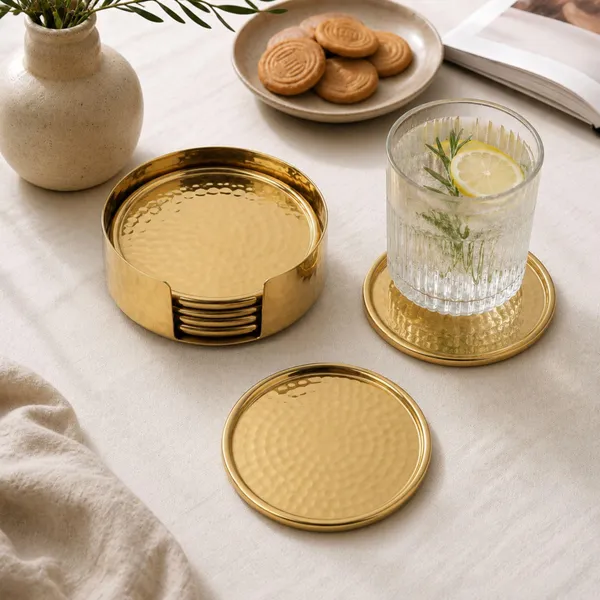 Premium_Hammered_Brass_Coasters_Shiny_Gold_Finish_Round_Height_Set_Of_4