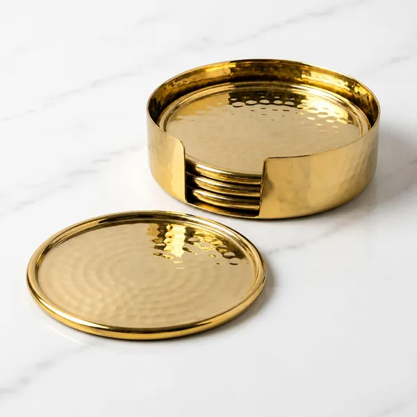 Premium_Hammered_Brass_Coasters_Shiny_Gold_Finish_Round_Height_Set_Of_4