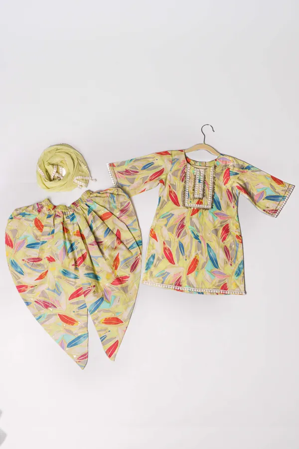 Leaf_Print_Kurti_Set_With_Dhoti_Dupatta_Modern_Ethnic_Wear_For_Girls