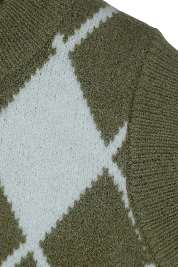 Unisex_Olive_Green_Classic_Checks_Half_Sleeve_Sweater_Olive_Green