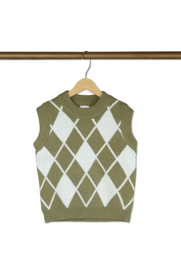 Unisex_Olive_Green_Classic_Checks_Half_Sleeve_Sweater_Olive_Green