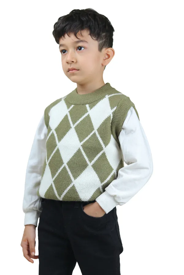Unisex_Olive_Green_Classic_Checks_Half_Sleeve_Sweater_Olive_Green