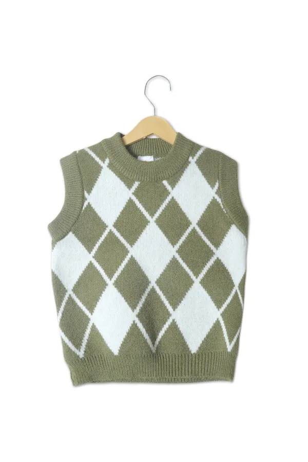 Unisex_Olive_Green_Classic_Checks_Half_Sleeve_Sweater_Olive_Green