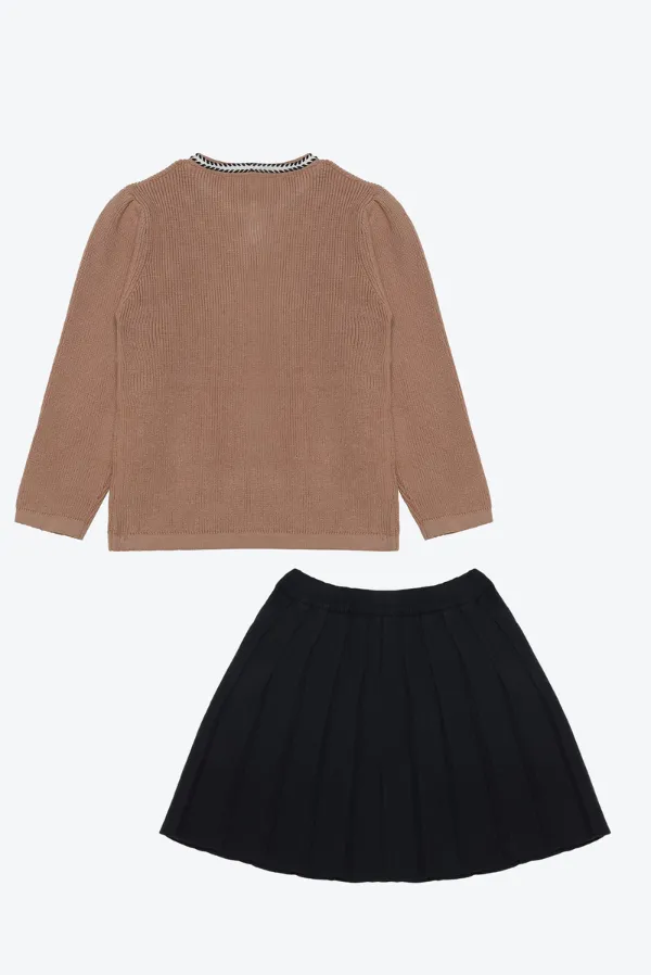 Elegant_Brown_Cardigan_And_Black_Skirt_Set_With_Detachable_Bow