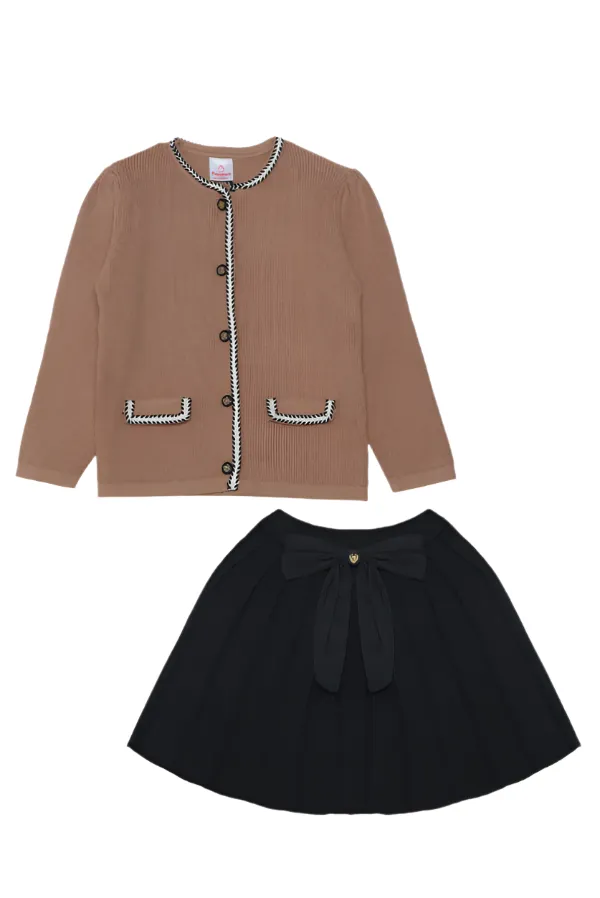 Elegant_Brown_Cardigan_And_Black_Skirt_Set_With_Detachable_Bow