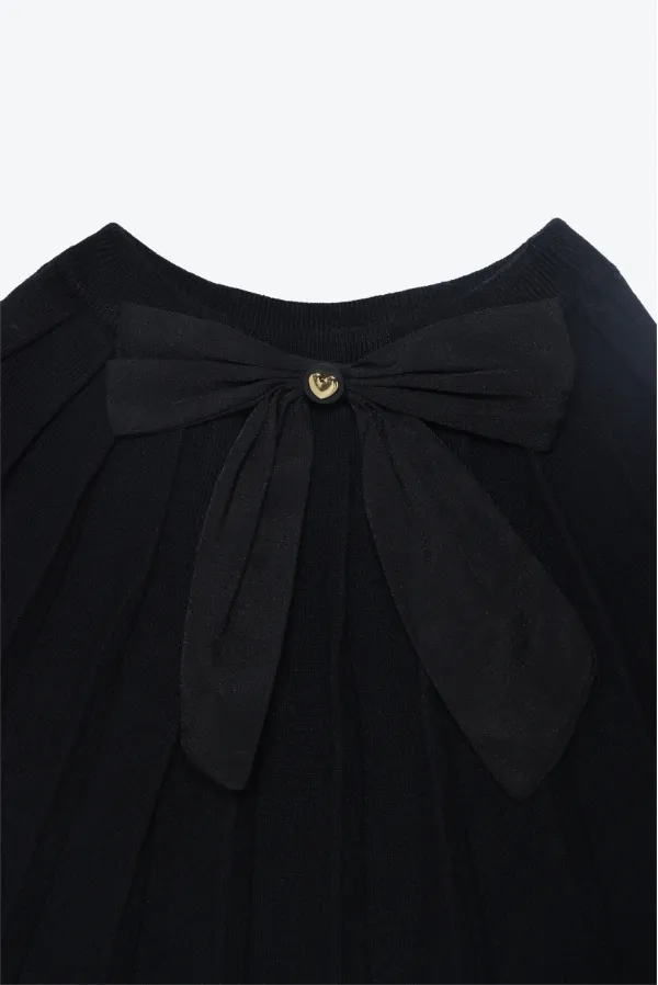 Elegant_Brown_Cardigan_And_Black_Skirt_Set_With_Detachable_Bow