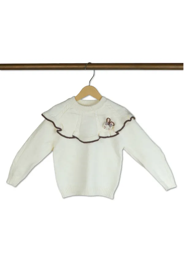 White_Knitted_Sweater_With_Ruffled_Yoke_And_Embroidered_Bear_Design