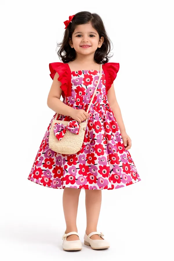 Floral_Print_Dress_With_Red_Ruffle_Sleeves_Pink_And_Red_Flower_Pattern_A_Line_Style