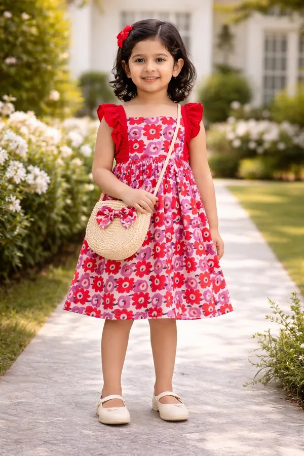 Floral_Print_Dress_With_Red_Ruffle_Sleeves_Pink_And_Red_Flower_Pattern_A_Line_Style