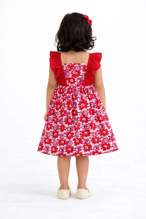 Floral_Print_Dress_With_Red_Ruffle_Sleeves_Pink_And_Red_Flower_Pattern_A_Line_Style