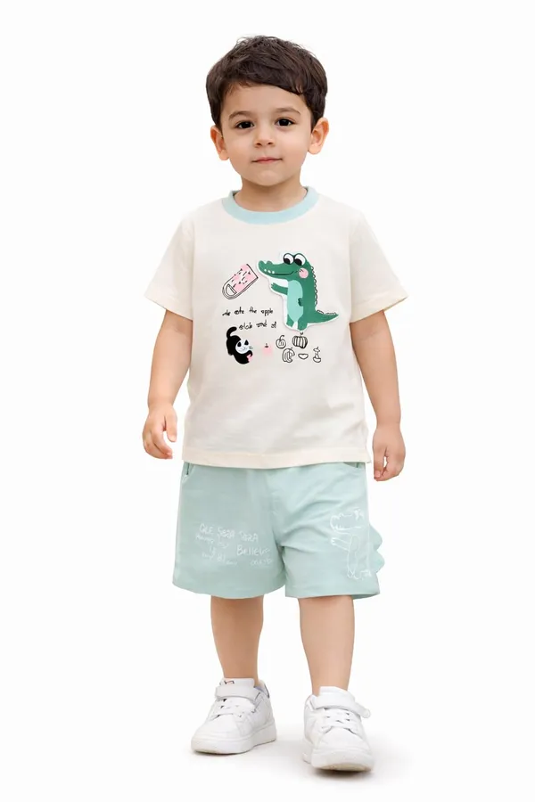 Kids_Cotton_T_Shirt_And_Shorts_Set_Printed_Half_Sleeve_T_Shirt_With_Elastic_Waist_Shorts_Casual_Summer_Outfit_For_Boys_Mint_Green