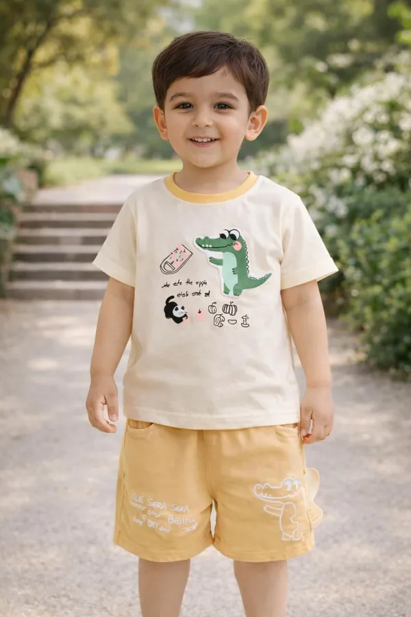 Kids_Cotton_T_Shirt_And_Shorts_Set_Printed_Half_Sleeve_T_Shirt_With_Elastic_Waist_Shorts_Casual_Summer_Outfit_For_Boys_Yellow