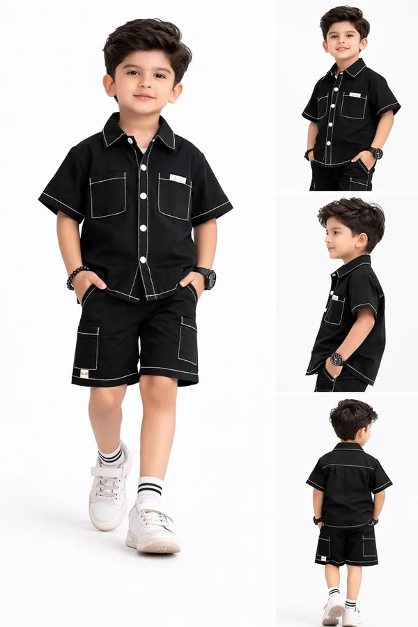 Boys_Cotton_Shirt_Shorts_Clothing_Set_With_Inner_T_Shirt_Half_Sleeve_Summer_Outfit_Casual_Kids_Co_Ord_Set_Black